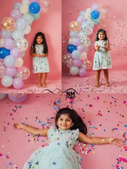A collage of fun from a fifth birthday confetti shoot. We capture a variety of shots, from posed portraits to candid moments of pure celebration.