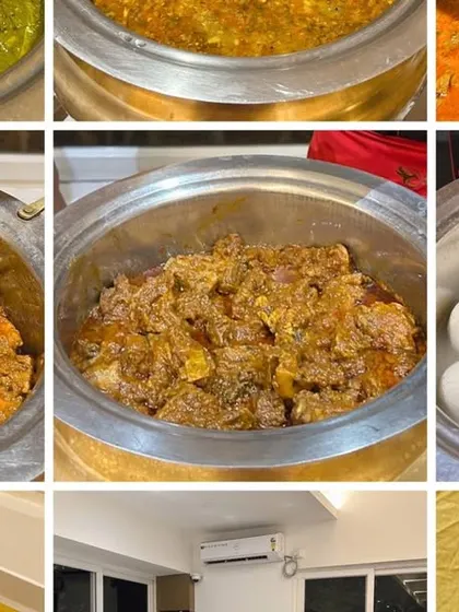 A food collage from the Magh Bihu festival, showcasing traditional dishes like mutton curry and various vegetable preparations.