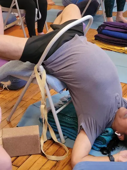 Additional images from my personal practice and teaching sessions, demonstrating a wide variety of asanas and the use of props. Each photo shows a moment of exploration in the journey of yoga.