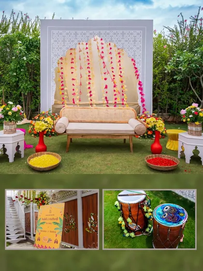 A collage of the beautiful decor for a Haldi ceremony, featuring marigolds, traditional drums, and a welcome sign.