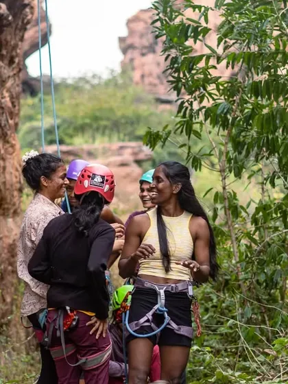 Our instructors and volunteers are the heart of our events. Here, they're all smiles during a break from teaching a rope climbing workshop in Badami.