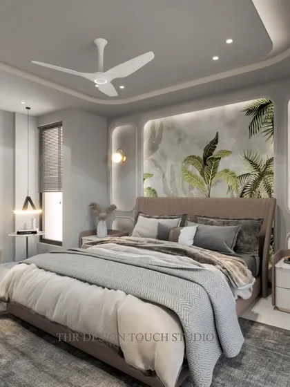 This 3D render visualizes a serene bedroom with a beautiful biophilic (nature-themed) mural behind the bed, framed by soft, curved wall panels.