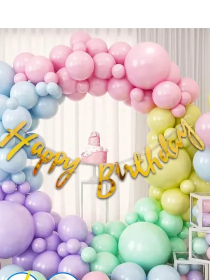 A beautiful pastel rainbow balloon arch. This versatile decoration is perfect for birthdays, baby showers, or any happy occasion.