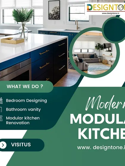 A graphic detailing our services, including bedroom designing, bathroom vanity, modular kitchen, and renovation. We are your one-stop solution for modern interiors.