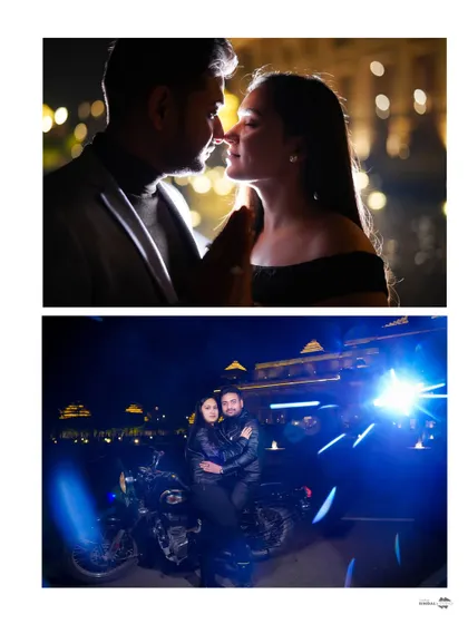 A collage featuring a close-up silhouette and a cool, edgy shot with a motorcycle. This shows how we can mix romance with a bit of modern attitude in a single shoot.