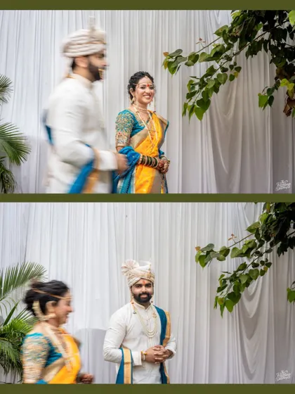 A creative shot using motion blur to capture the groom walking past his bride. It creates a dynamic and artistic feel, symbolizing the start of their journey together.