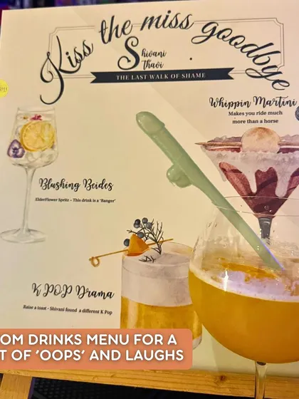 A custom drinks menu for a night of 'oops' and laughs. For the "Last Walk of Shame" bachelorette, we created a personalized menu with fun cocktail names to match the theme.