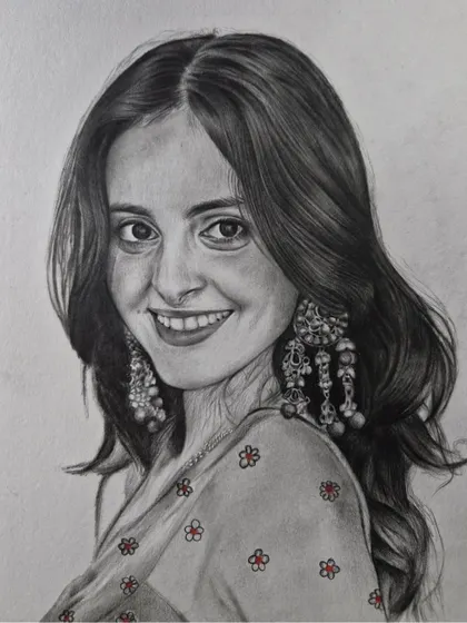This paid commission features a woman with a bright smile and elaborate earrings, with a subtle touch of color.