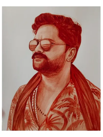 A stylish solo portrait made with blood, capturing a cool and confident look. The details in the sunglasses' reflection and patterned shirt show the precision of my work.