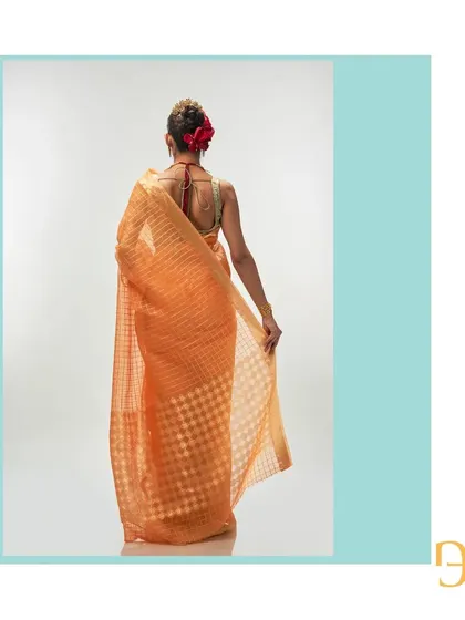 The back of the orange iced tea saree reveals the sheer beauty of the organza and the shimmering gold checks.