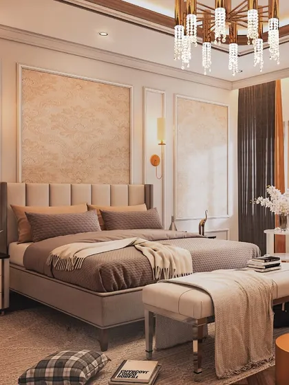 This bedroom design is an example of how to make a small space feel luxurious. I used a neutral color palette, a statement chandelier, and textured wallpaper to create an elegant and sophisticated ambiance.