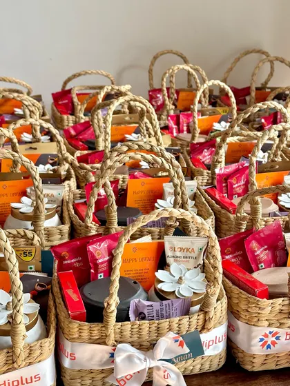 Another view of our large corporate Diwali order, with dozens of cane baskets ready to be delivered.