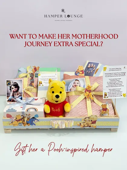 This Winnie the Pooh themed hamper was created for a special mom-to-be. It’s one of my favorite examples of deep personalization, including baby photos, a heartfelt letter from the family, and a collection of essentials to support her on her motherhood journey.