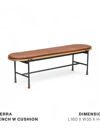 The Tierra Bench with a comfortable cushion upholstered in genuine saddle nut leather. This piece adds a casual yet sophisticated seating option to the Tierra dining set, perfect for family-style meals.
