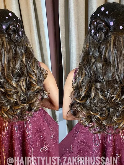 A collage showing the half-bun style from different back angles, highlighting the pearl details.