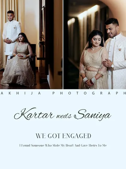 An engagement announcement collage for Kartar and Saniya. It combines a formal portrait with a more candid shot, perfectly capturing the joy of the occasion.