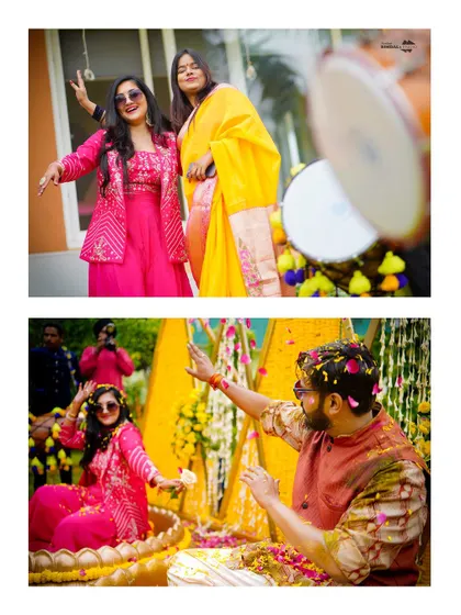 A collage of the couple's Haldi ceremony. It shows them dancing and enjoying the rituals, capturing the fun and festive atmosphere of the event.