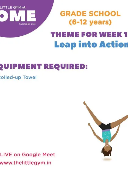 Our "The Little Gym at Home" program. These graphics outline the themes and simple equipment needed for our live online classes, ensuring kids can keep learning and moving from home.