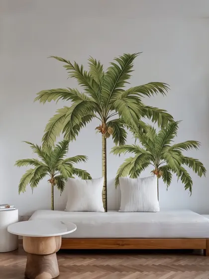 This living room showcases a large-scale application of our Watercolor Palm Tree wall stickers, creating a stunning and artistic focal point. The design adds a touch of elegance and nature to the space.