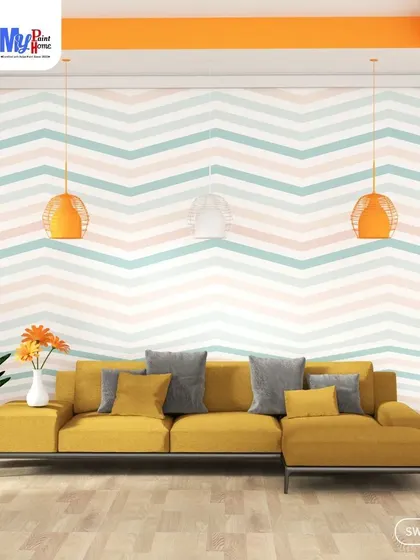 A full view of the living room with the pastel chevron accent wall. It creates a beautiful backdrop for the yellow sofa and makes the whole space feel cohesive and thoughtfully designed.
