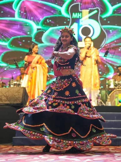 The twirl of a traditional chaniya choli is an essential part of any Navratri performance. Here I am, dancing on stage during a corporate Navratri night.