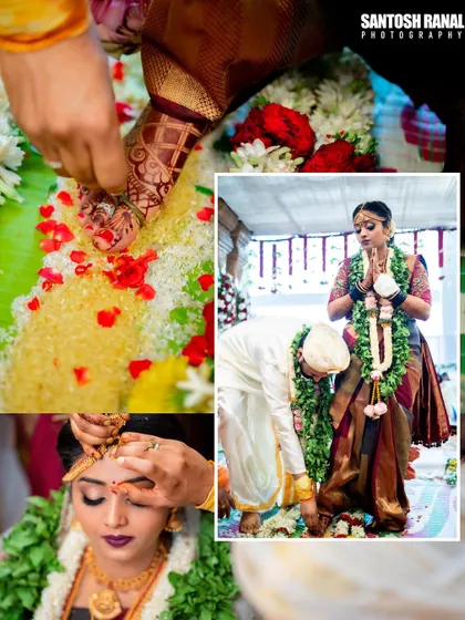 A collage of significant South Indian wedding rituals, including Saptapadi and applying the sindoor.