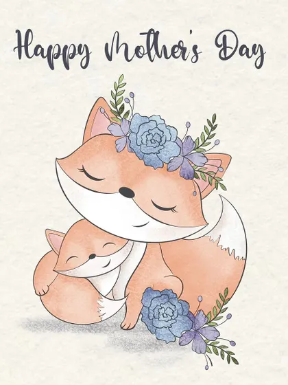 A sweet digital illustration of a mother and baby fox, perfect for a Mother's Day card. The soft watercolor texture and floral details convey a message of warmth and love.