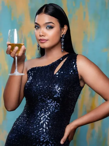 This shot perfectly captures the elegance of the navy blue cocktail dress, a must-have rental for any party-goer.