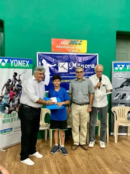 Our young champion Aditya Verma receiving his runner-up prize in the U-13 boys singles category at the Manora Badminton Academy Tournament.