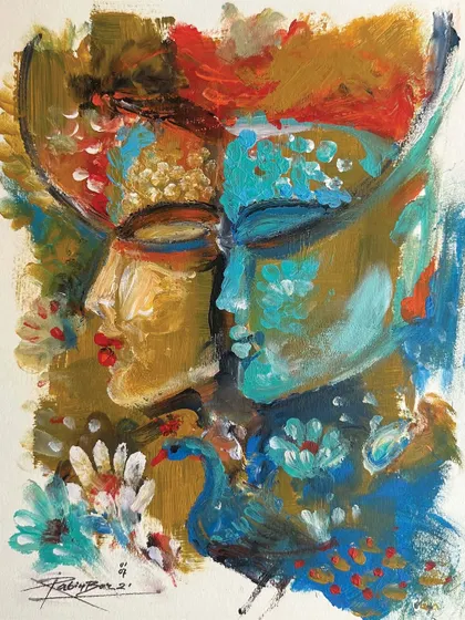 An untitled acrylic on paper painting showing two faces in a colorful, abstract style, with a peacock detail.