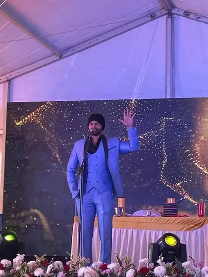 A full-stage view of my performance at the MJR Builders launch event. The combination of a professional stage setup and live entertainment adds significant value to brand activations.