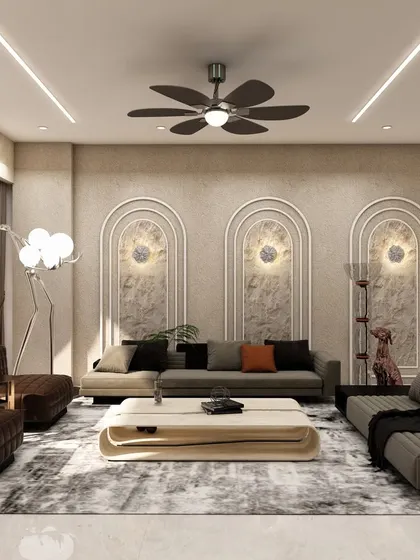 This living room 3D render features a mix of textures, from the rough stone accent wall to the plush sofas and sleek coffee table, creating a sophisticated and tactile environment.