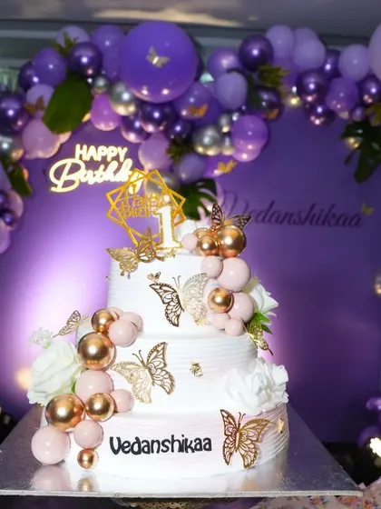 A duplicate image of the three-tier butterfly-themed cake.