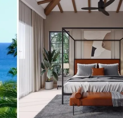 A bedroom in our Goa villa project, featuring a modern four-poster bed and a warm, earthy color palette. The design blends contemporary comfort with tropical style, creating a relaxing and stylish retreat.