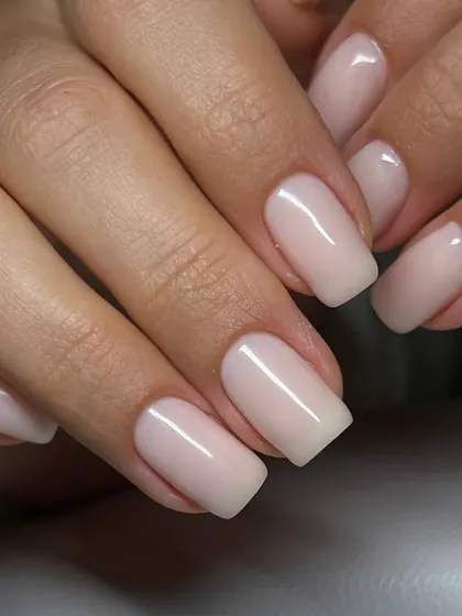 A beautiful example of a sheer nude overlay on square-shaped nails. This enhances the natural nail, providing strength and a polished finish.