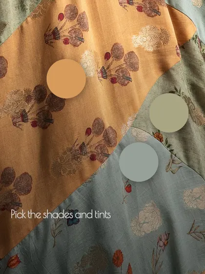 Pick the shades and tints that speak to you. This image shows the color palette and fabric swatches for a custom-designed patchwork outfit.