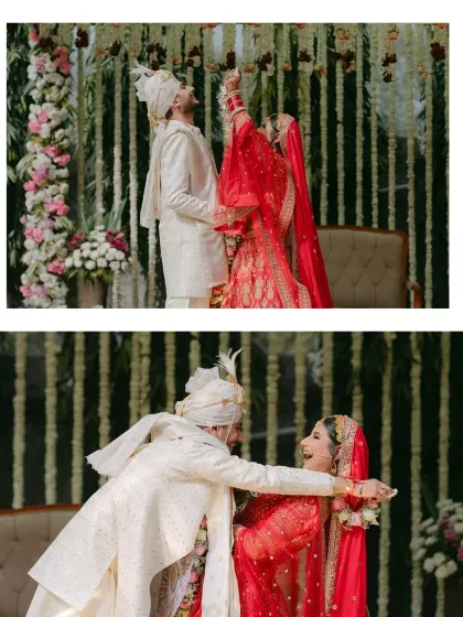 A playful and joyous moment from a wedding ceremony. The couple's laughter and dynamic interaction show the fun and happiness that defines their relationship.