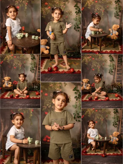 A collage from a 3-year-old's birthday shoot, featuring a whimsical tea party with teddy bears and an apple-themed setup.