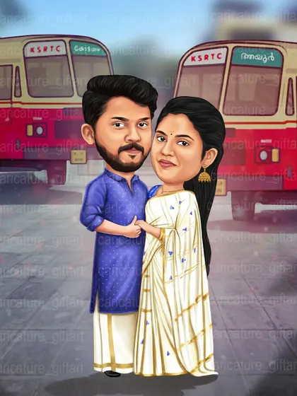 A fun take on a Kerala-themed couple caricature, featuring the iconic KSRTC red bus in the background. It adds a touch of local flavor and nostalgia to the artwork.