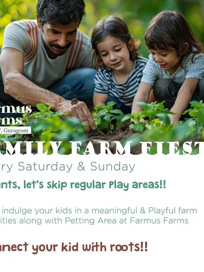 Our 'Family Farm Fiesta' poster, encouraging parents to skip regular play areas and connect their kids with their roots.