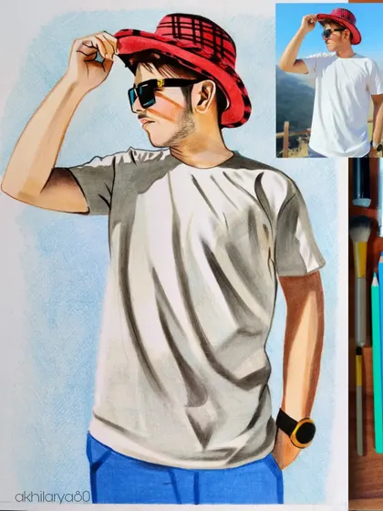 A cool and casual pose captured in this A4 colored pencil drawing. The red hat adds a great pop of color to this stylish portrait.
