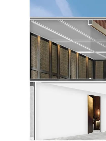 A perspective drawing showing interior details for a penthouse project. This visualization explores the use of rattan panels, clean lines, and a minimalist aesthetic to create a sophisticated and calm living area.