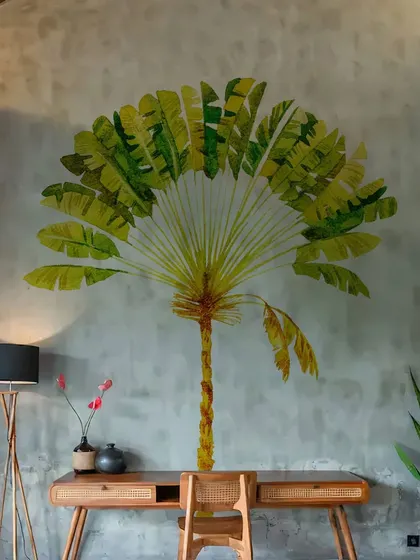 A single, large Palm Tree wall sticker makes a dramatic statement in this workspace. The design is perfect for creating an inspiring and creative environment.