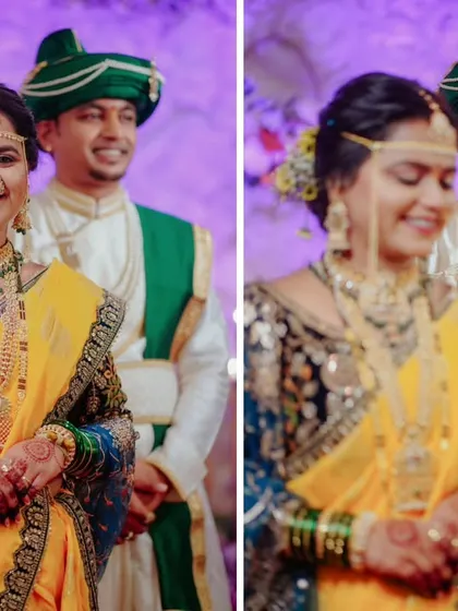A pair of photos capturing the bride's joyful and shy smiles as she stands with her groom.