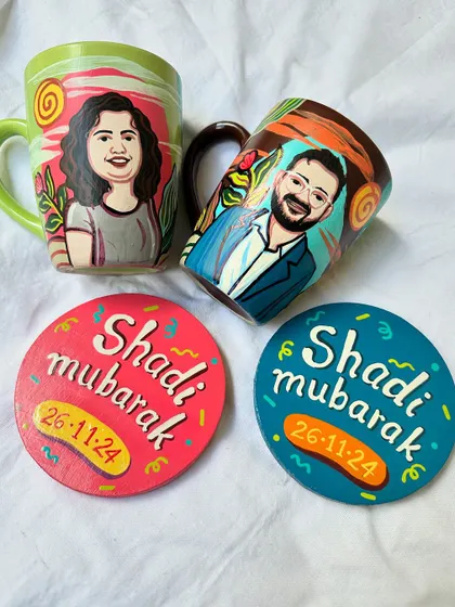 Cute wedding gift ideas. This set includes personalized 'his and hers' mugs and matching 'Shaadi Mubarak' coasters with the wedding date.