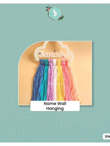 Brighten up any room with a personalized name wall hanging. This piece features a custom nameplate on a cloud-shaped base with a rainbow of colorful yarn tassels hanging below, making it a cheerful gift for kids and adults alike.