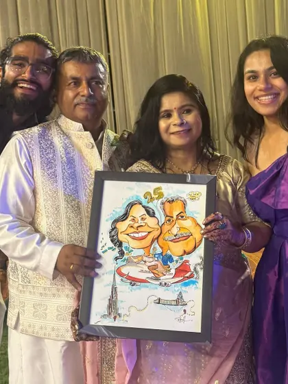 A beautiful family celebrating a 25th anniversary with a personalized caricature gift. It’s always an honor to be a part of such special milestone celebrations.
