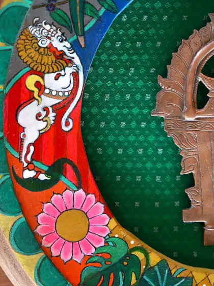 A detailed shot of the Buddha frame, focusing on the beautifully rendered mythical mount. This piece blends traditional iconography with my artistic interpretation, all within a restored vintage clock frame.