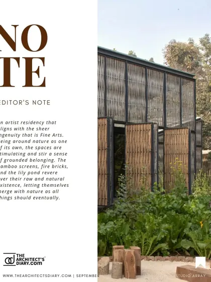 An editor's note from The Architect's Diary praising the Artist Residency project. This feature highlights the design's success in creating a stimulating environment that is in harmony with nature.