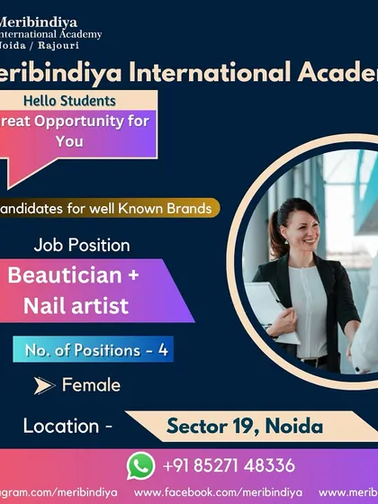 This job alert for a Beautician and Nail Artist in Noida shows the demand for multi-skilled professionals, a key focus of our training.